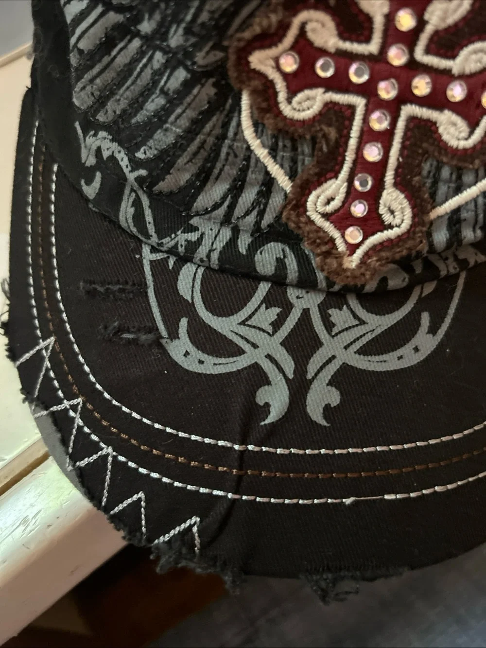 Vintage Womens Leader Hat Cap Bling Distressed Cross Angel Wings Y2K Goth Edgy
